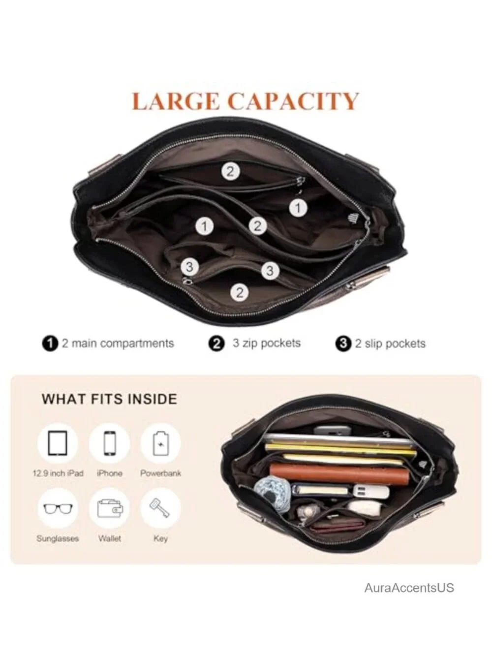 Genuine Leather Large Hobo Bag Multi Pockets Shoulder Purse